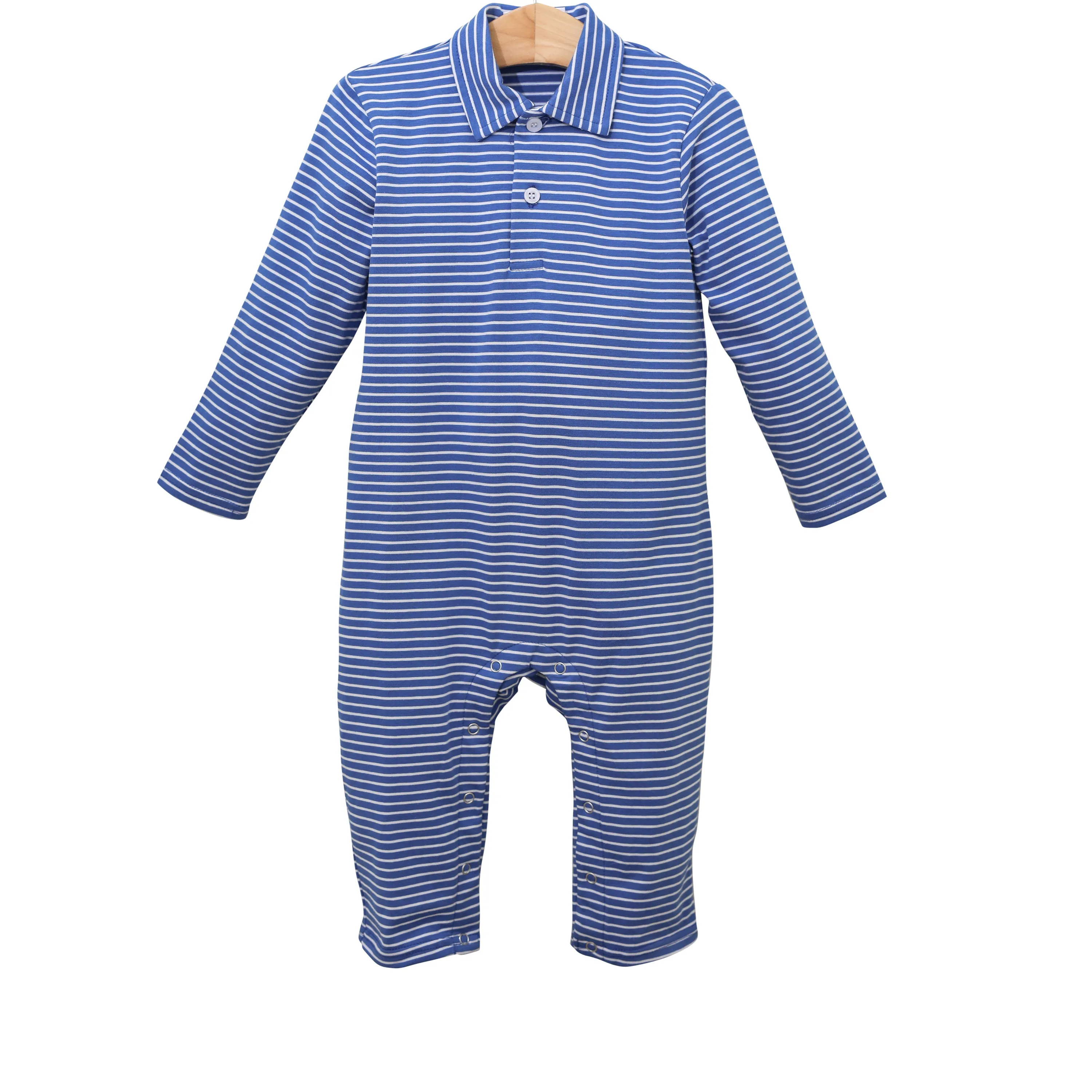 Michael Polo LS Romper- Royal Wide Stripe