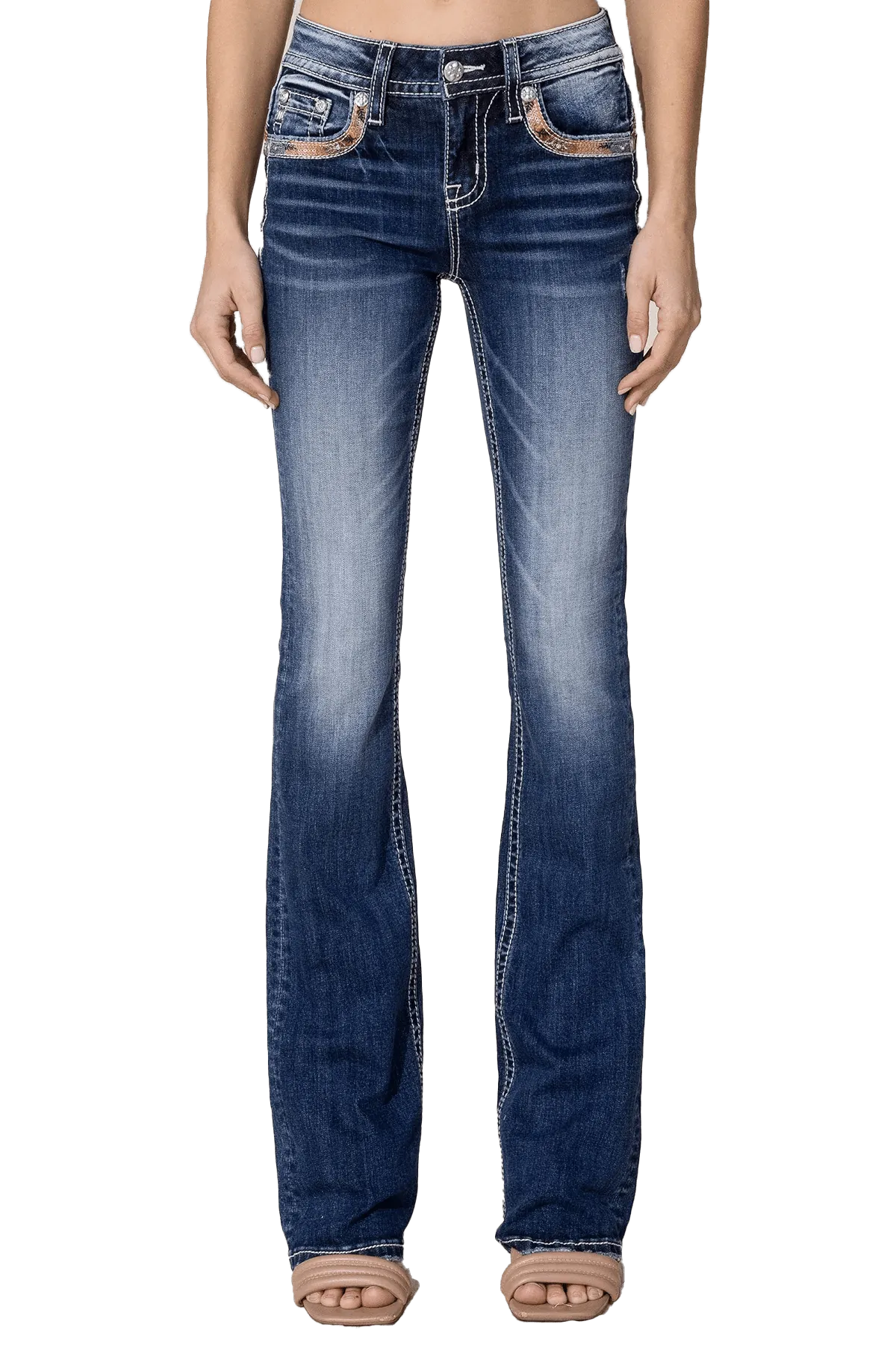 Miss Me Womens Dark Wash Mid-Rise Love Pop Bootcut Jeans