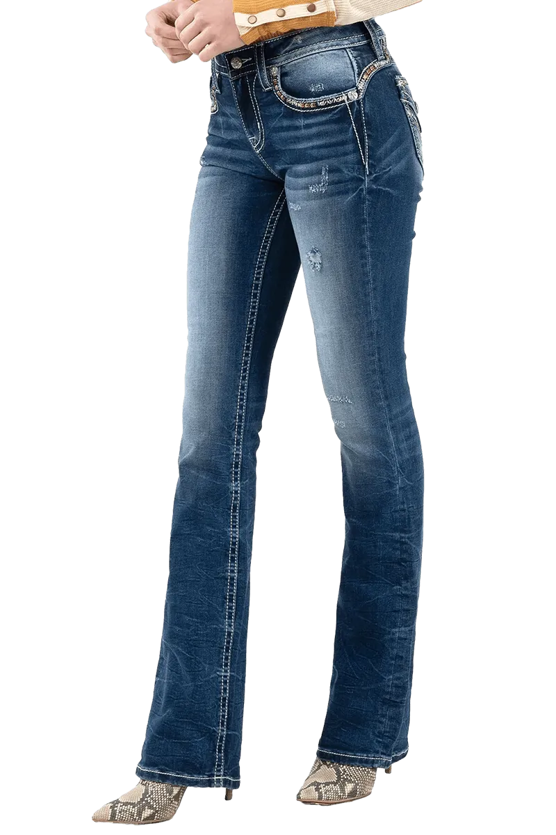 Miss Me Women's X Stitch Mid Rise Boot Cut Jeans