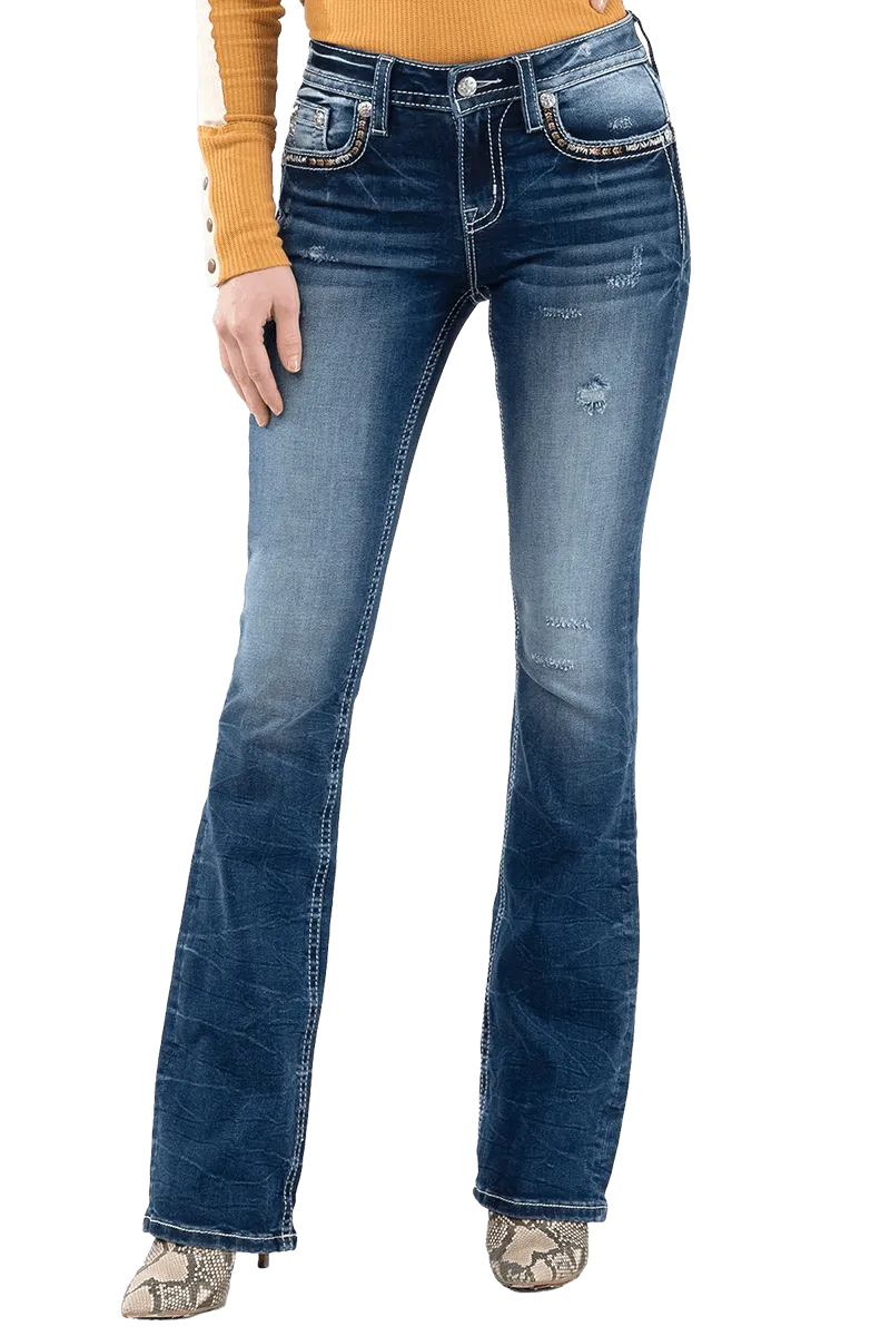 Miss Me Women's X Stitch Mid Rise Boot Cut Jeans