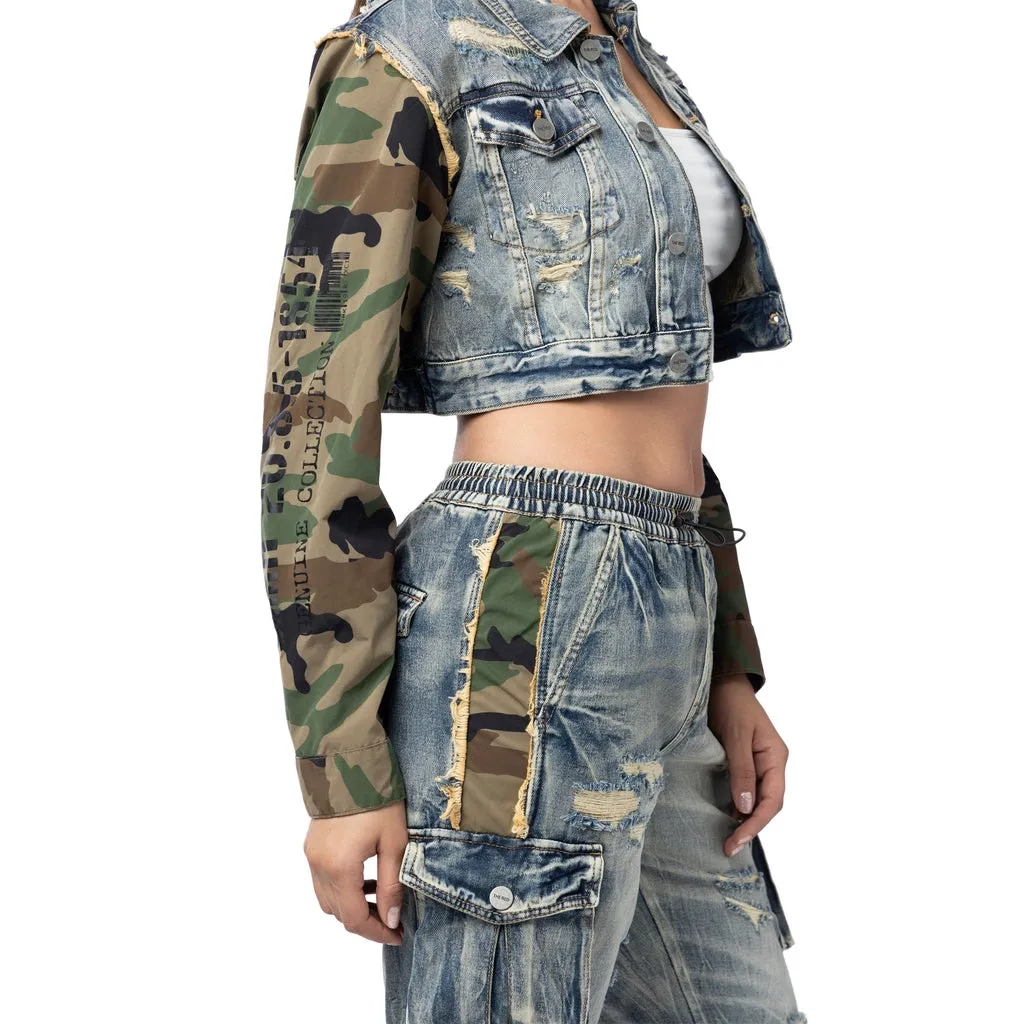 Mix Media Cropped Jean Jacket - Florence Blue