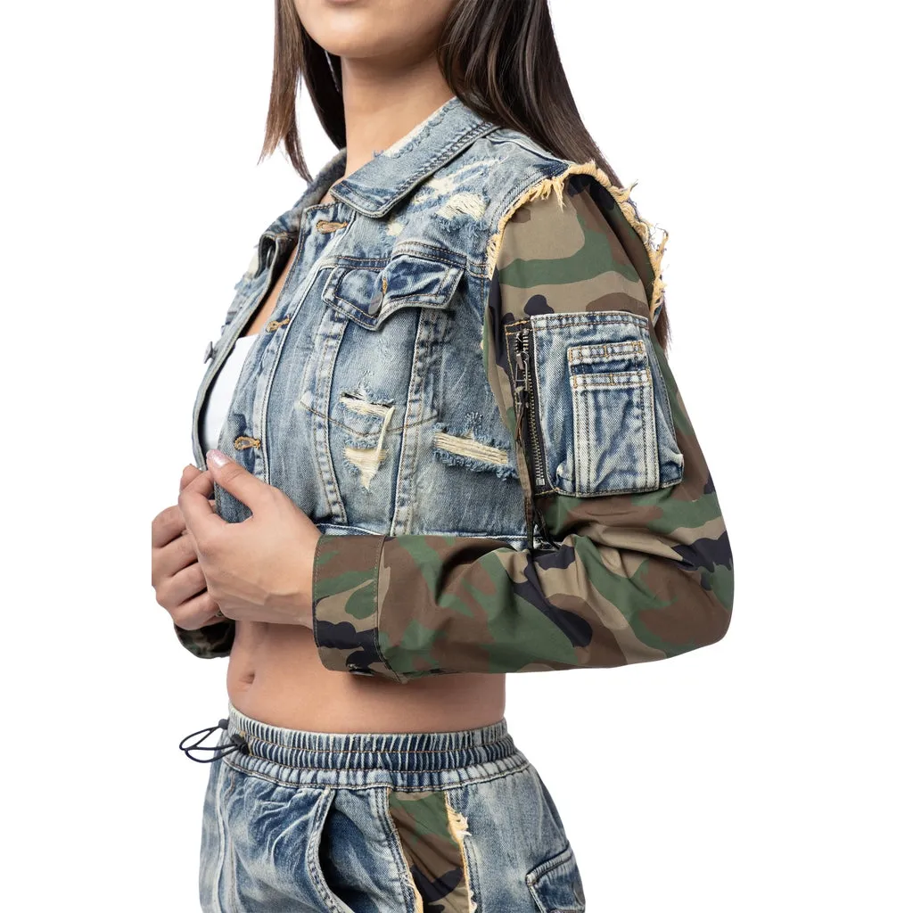 Mix Media Cropped Jean Jacket - Florence Blue