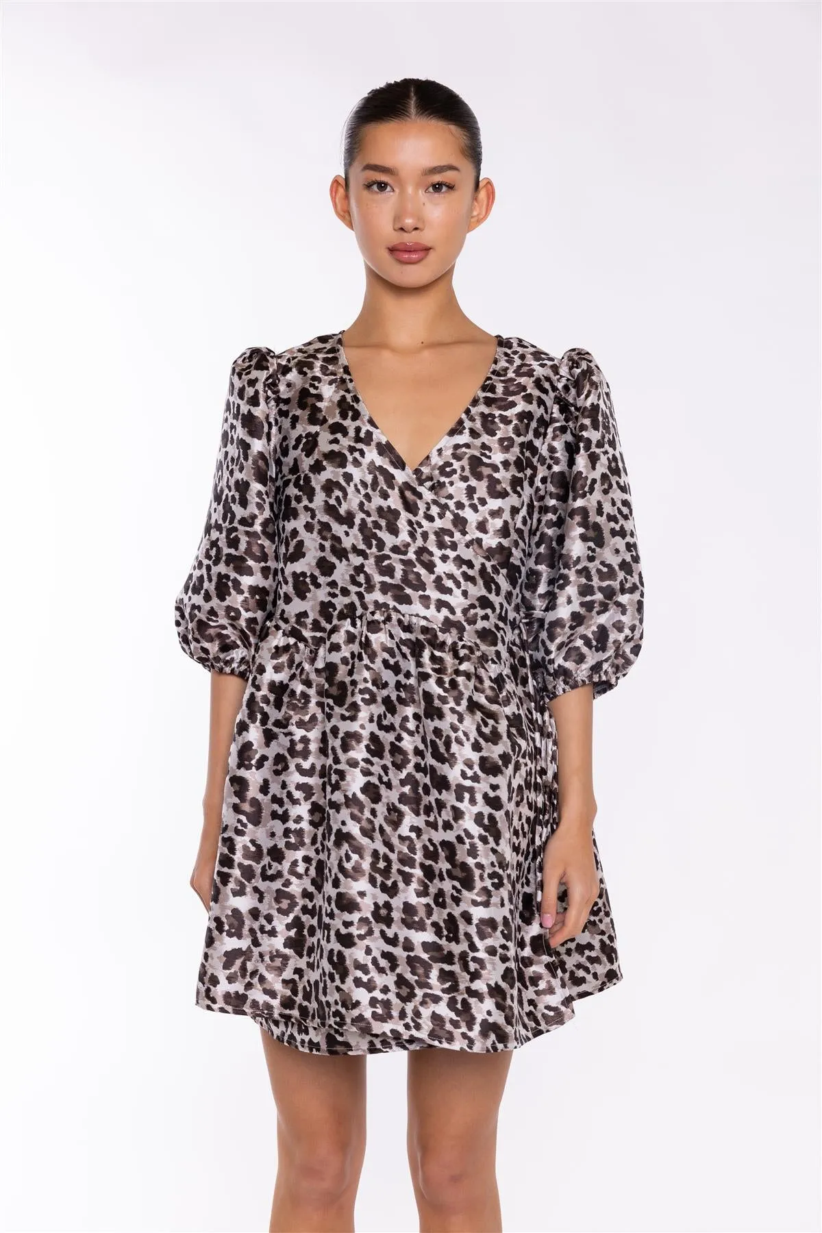 Mocha-Leopard Wrap Babydoll Mini-Dress