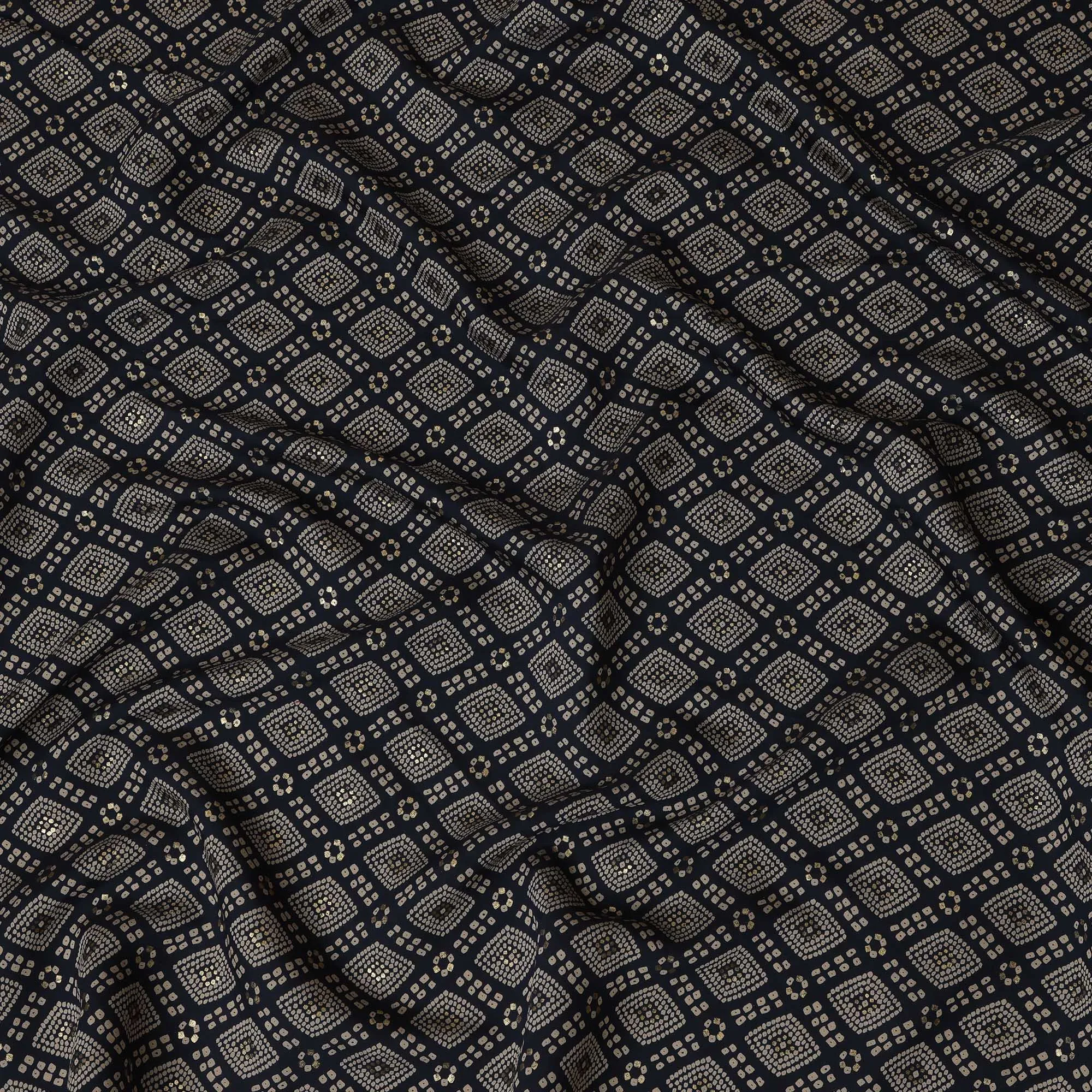 Navy blue and Beige Viscose Printed Fabric with Geometric Design, 110 cm Width-D20453