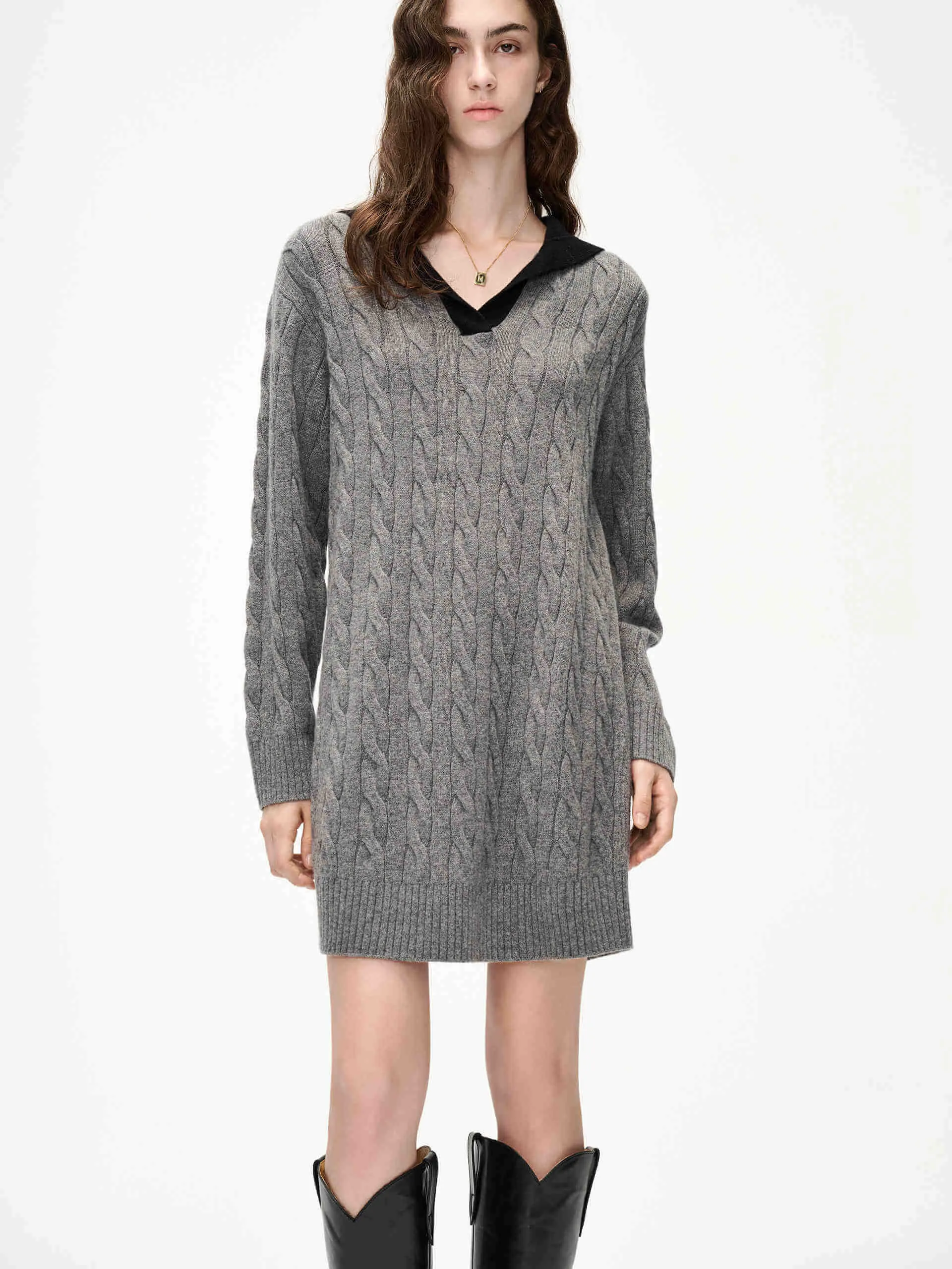 Navy Collar Cable Knit Dress