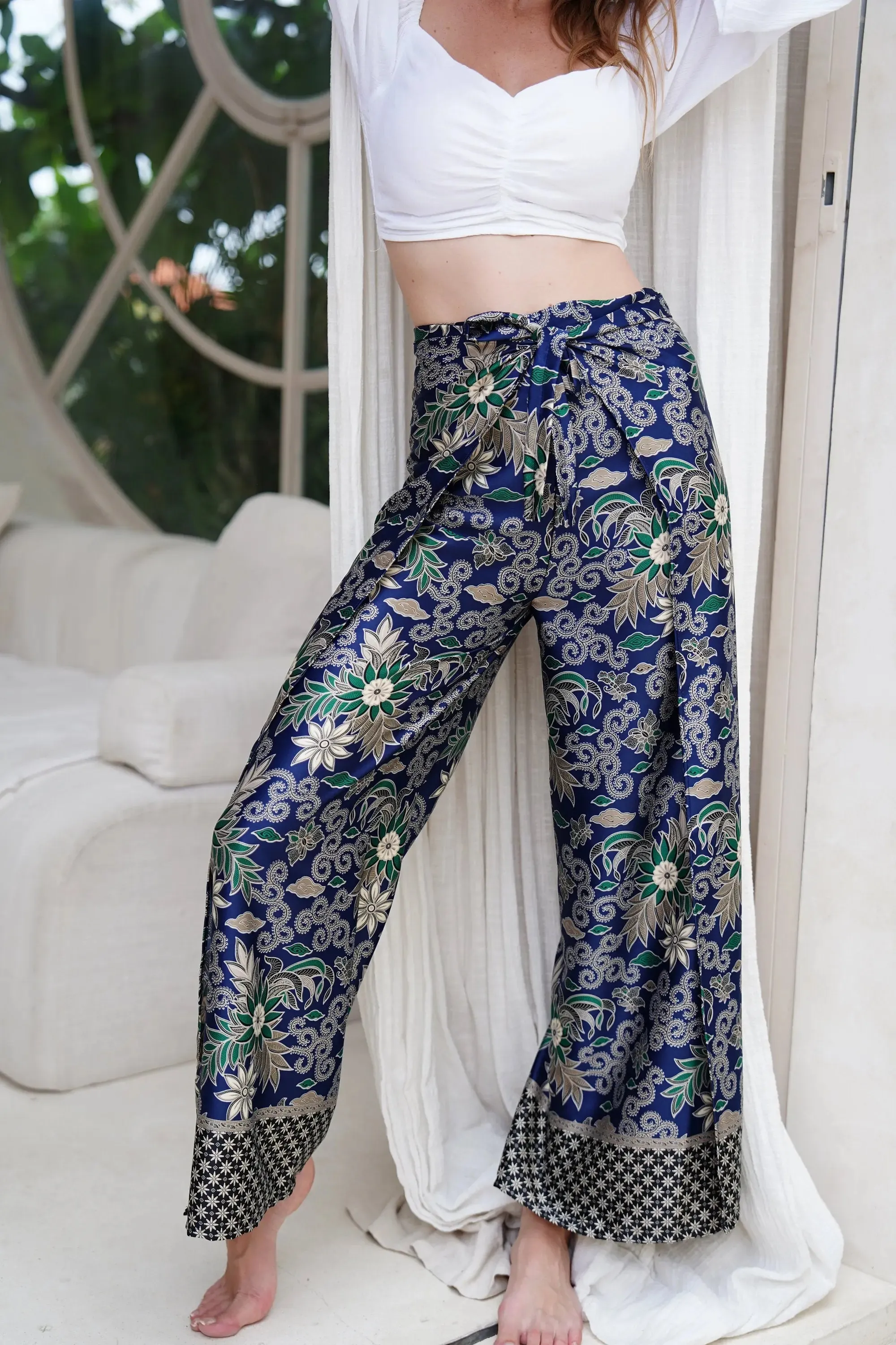 Navy Satin Wrap Around Trousers