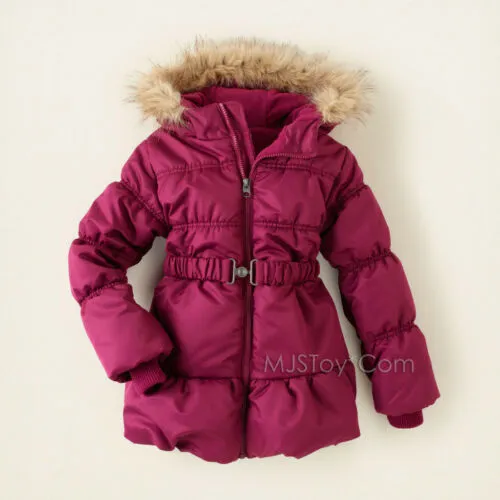 NWT Children Place Stylist Burgandy Belted Puffer Winter Jacket Warm Puff Coat