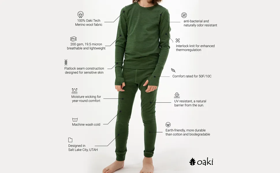 Oaki Kids Ultra-Soft Merino Wool Base Layer Kids, Breathable Merino Base Layer, Boys & Girls Thermals for Kids, Mose Green