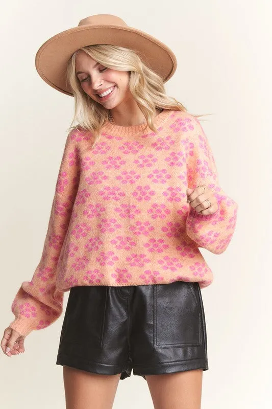 Orange Floral Pattern Cutesy Sweater Top