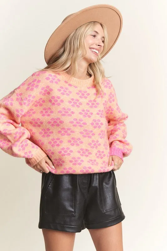 Orange Floral Pattern Cutesy Sweater Top