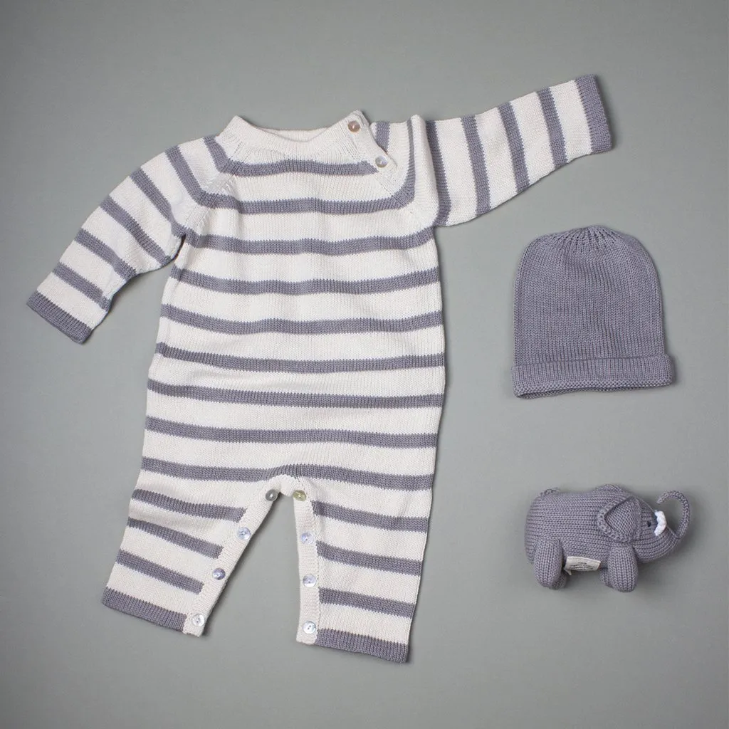 Organic Baby Gift Set - Handmade Newborn Long Romper, Hat & Rattle Toy | Elephant