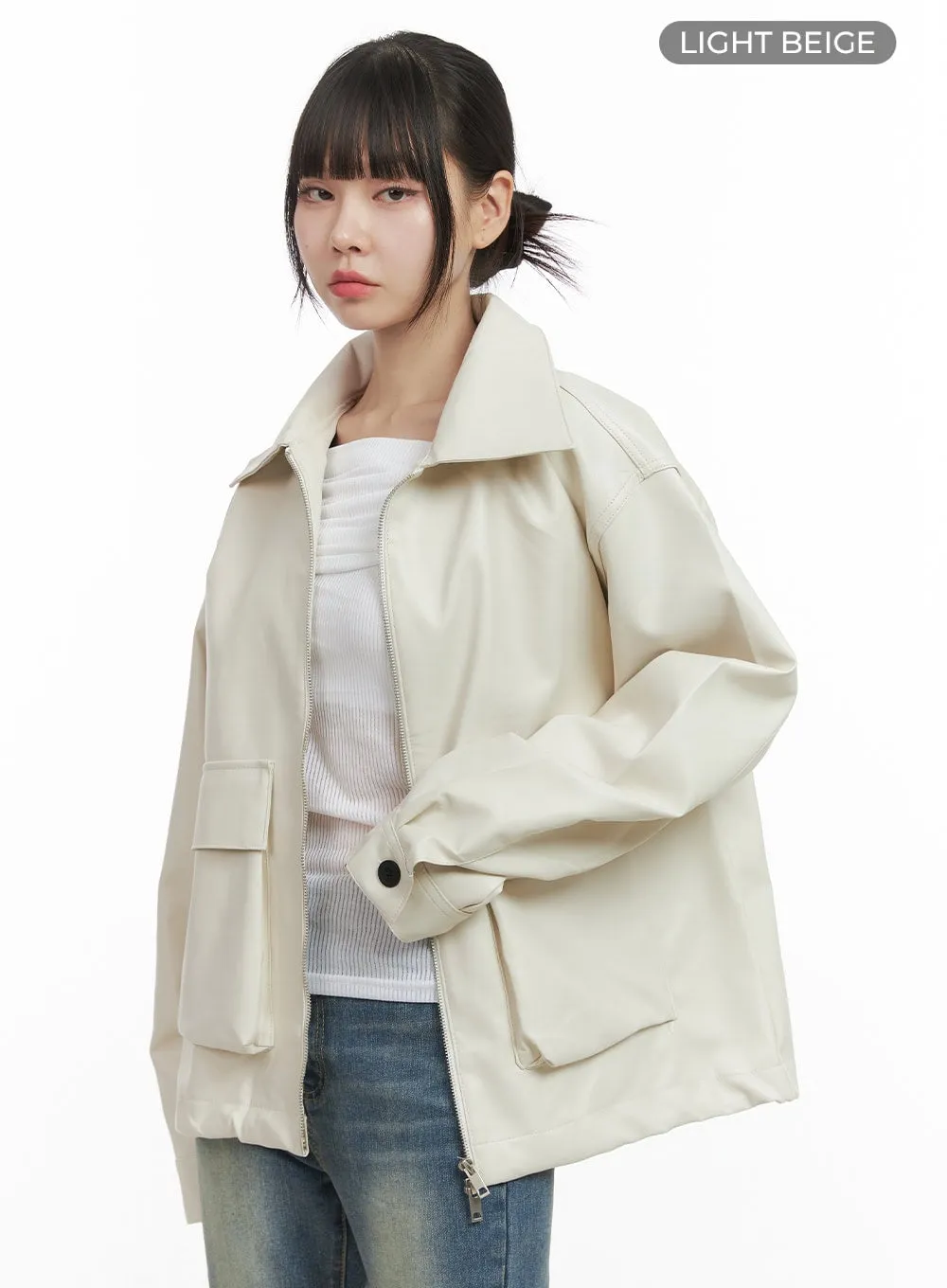 Oversized Zip-Up Leather Pocket Jacket OO401