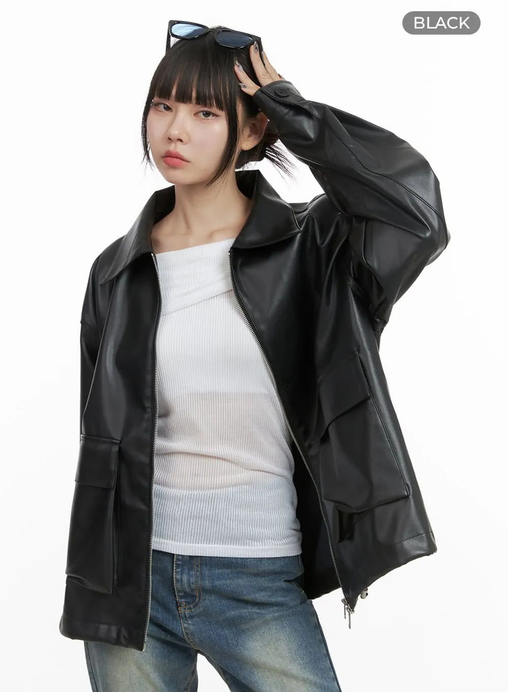 Oversized Zip-Up Leather Pocket Jacket OO401