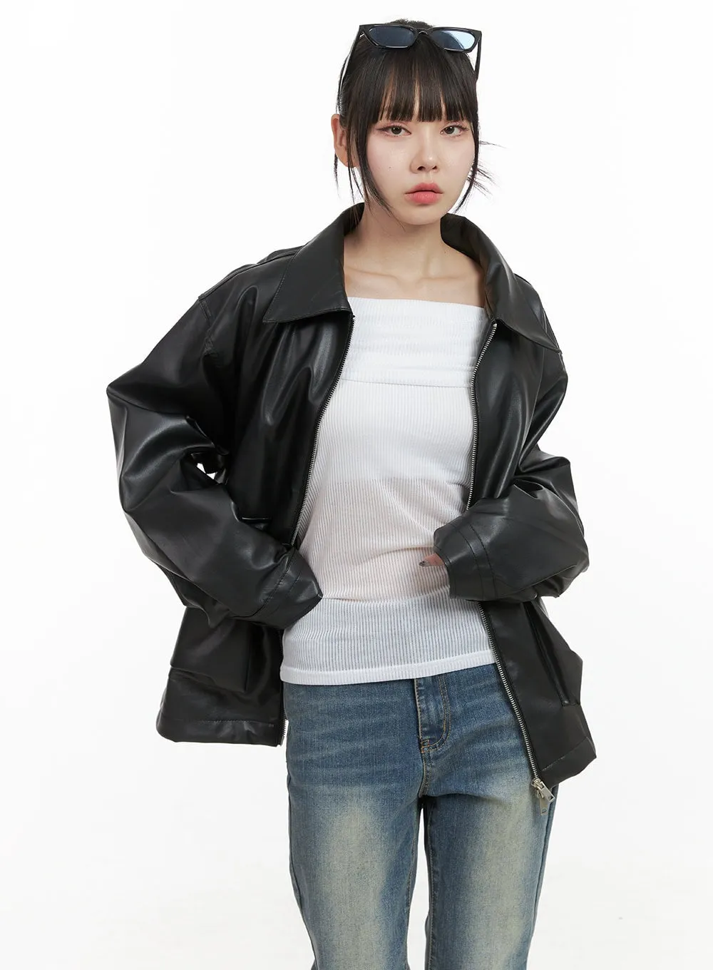 Oversized Zip-Up Leather Pocket Jacket OO401