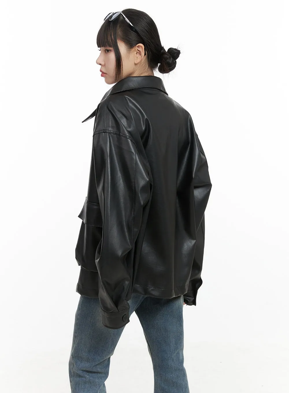 Oversized Zip-Up Leather Pocket Jacket OO401