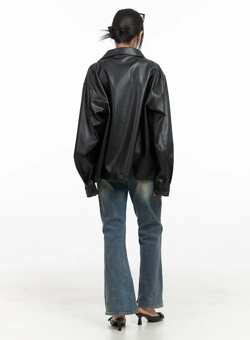 Oversized Zip-Up Leather Pocket Jacket OO401