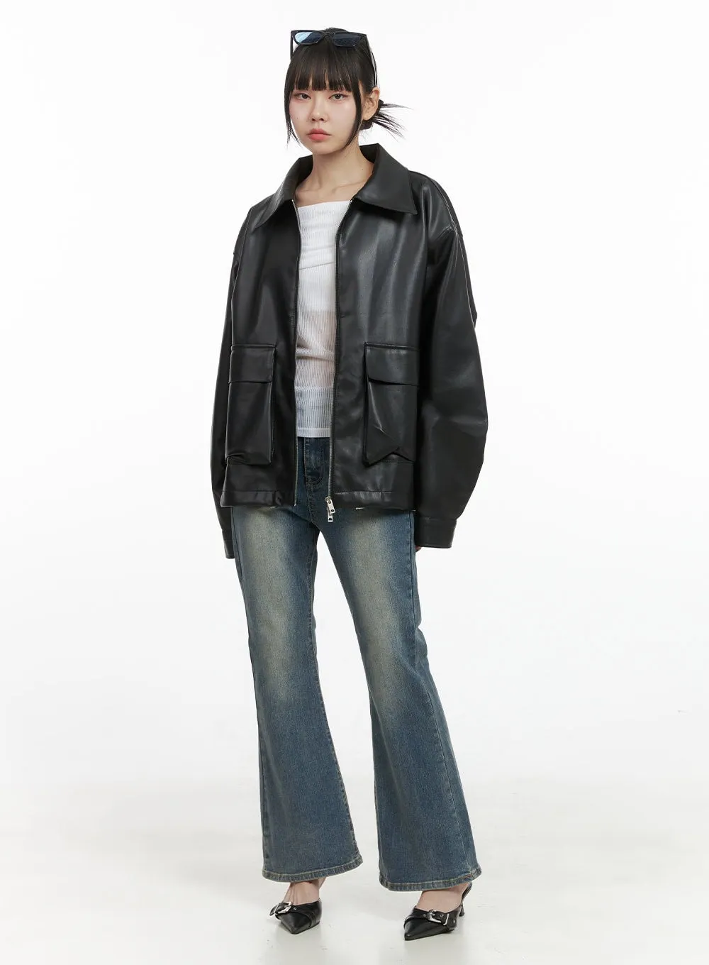 Oversized Zip-Up Leather Pocket Jacket OO401