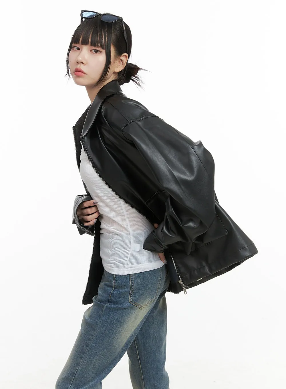 Oversized Zip-Up Leather Pocket Jacket OO401