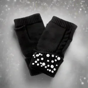 Pearl Stone Embellished Knit Fingerless Gloves