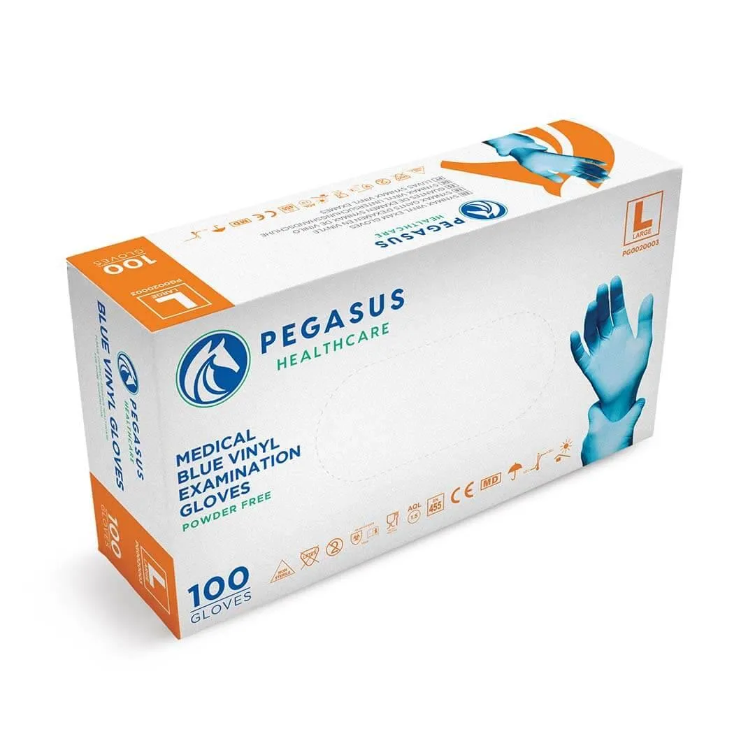 Pegasus Healthcare Blue Vinyl Examination Gloves - 100 Disposable Gloves