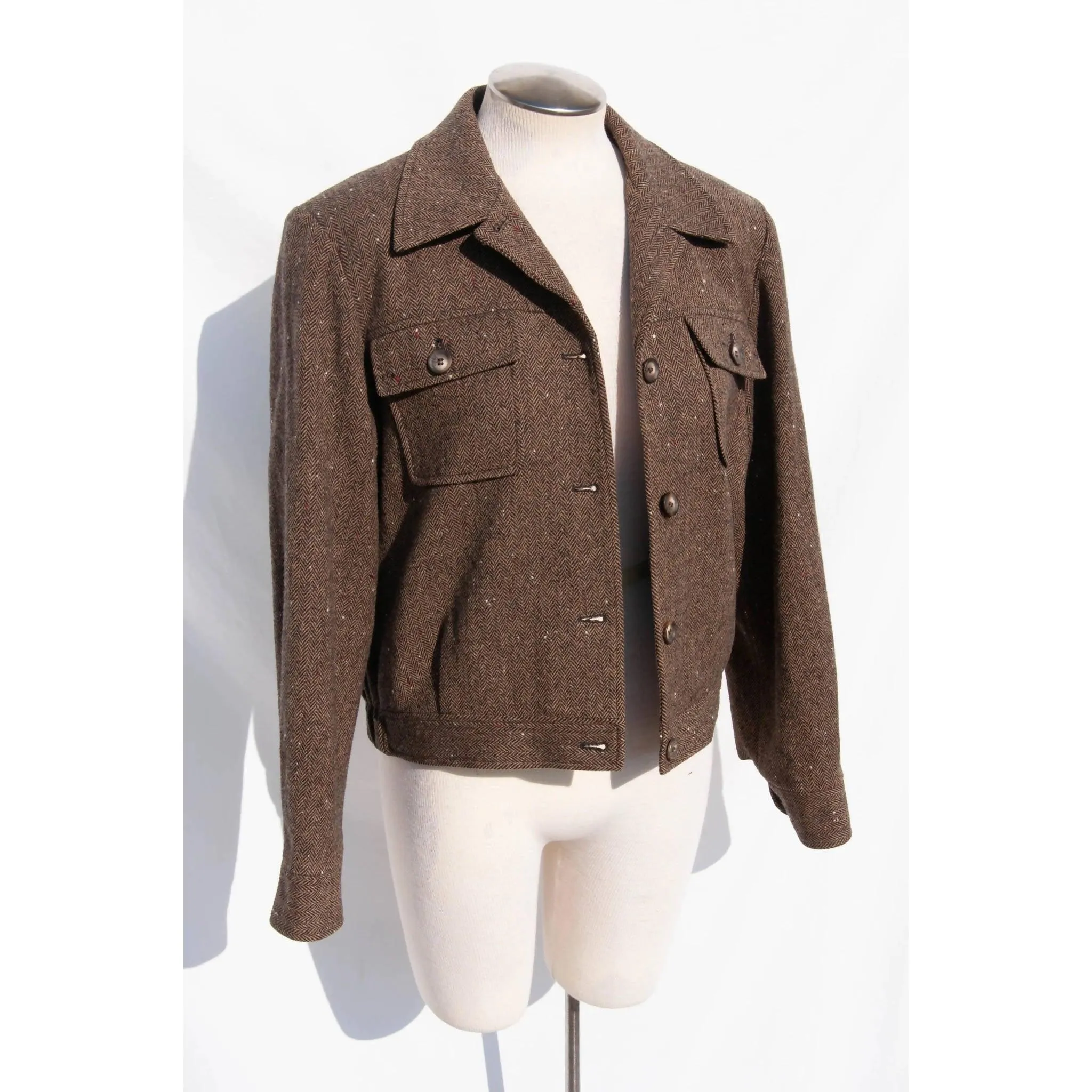 PENDLETON Light Brown Herringbone Cropped Wool Jacket | Size US 6