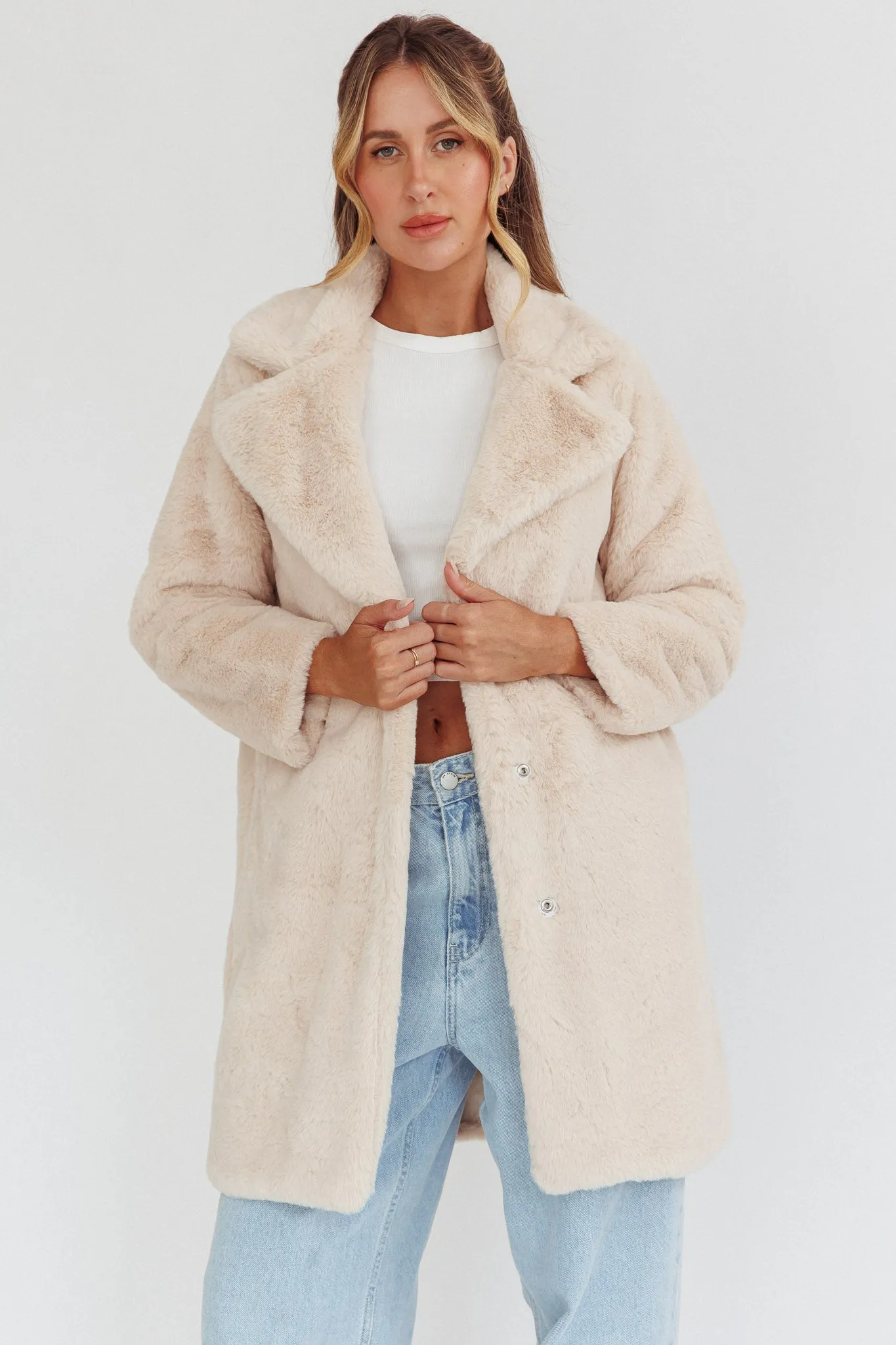 Perceptions Longline Faux Fur Coat Beige