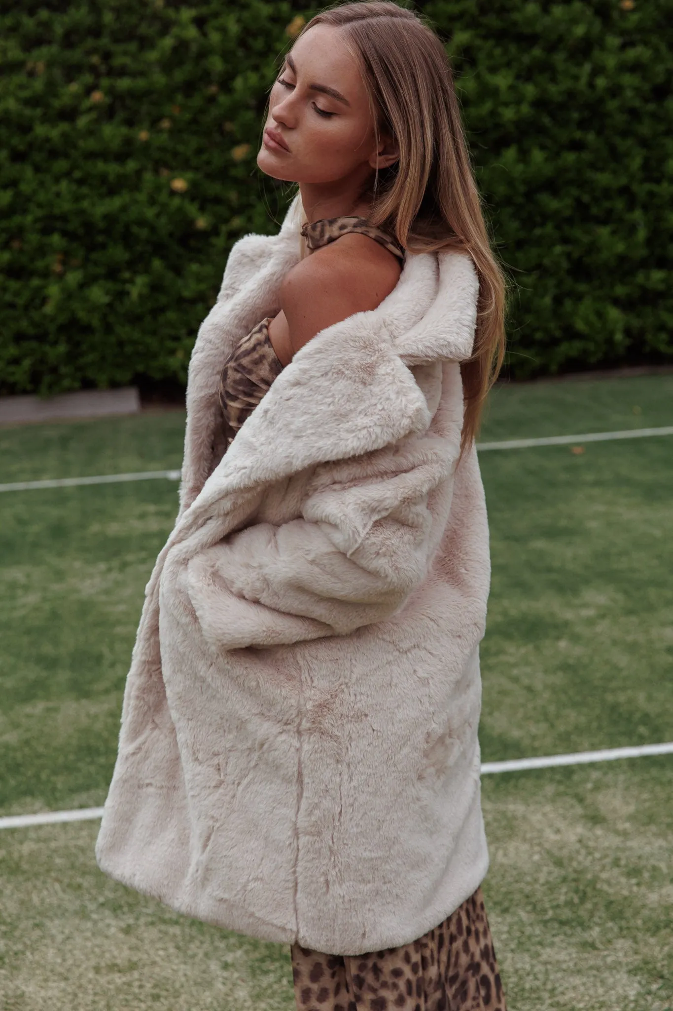 Perceptions Longline Faux Fur Coat Beige