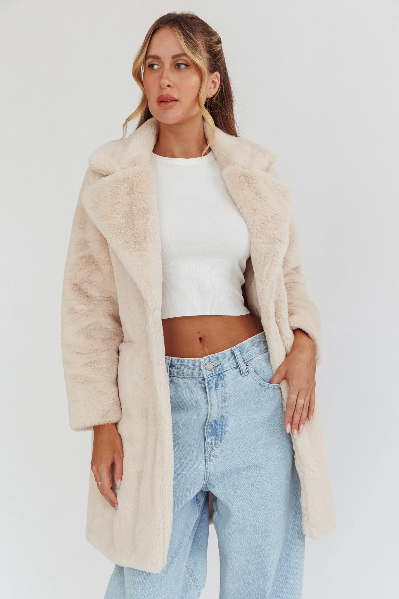 Perceptions Longline Faux Fur Coat Beige