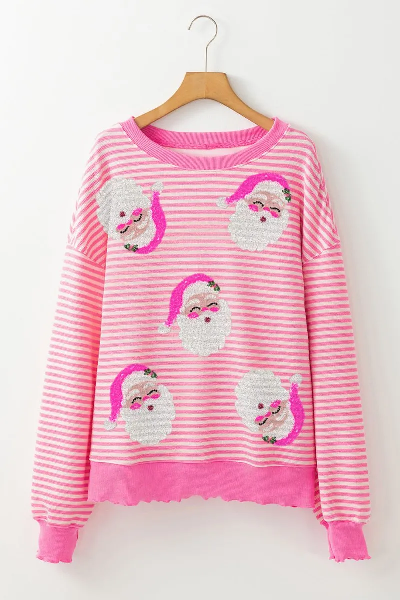 Pink Stripe Santa Long Sleeve Slouchy Top