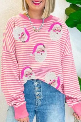 Pink Stripe Santa Long Sleeve Slouchy Top