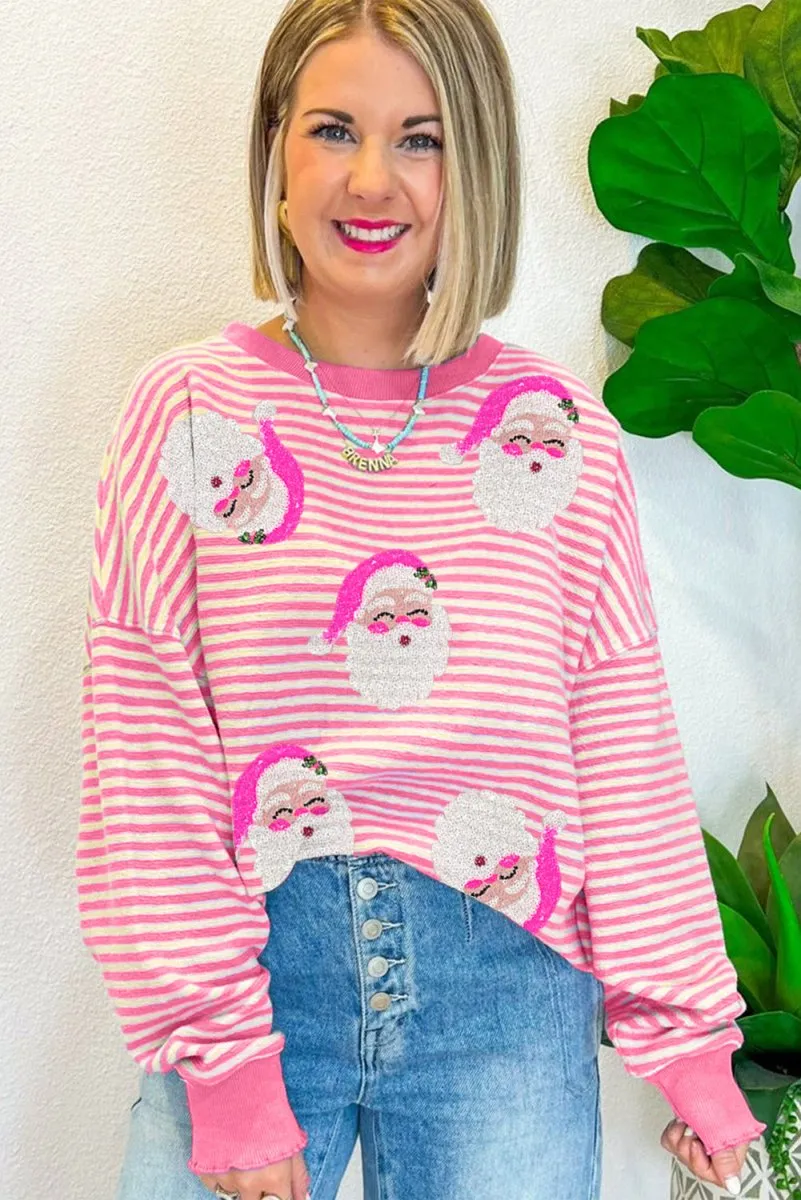 Pink Stripe Santa Long Sleeve Slouchy Top