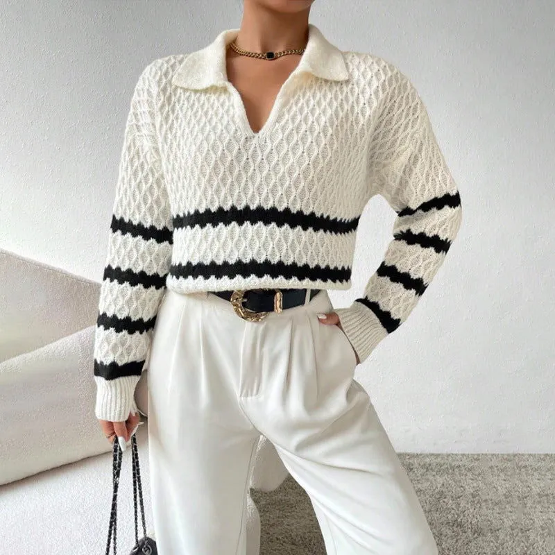 Polo Collar Pullover Women Autumn Winter Classic Striped Loose Casual Sweater Top