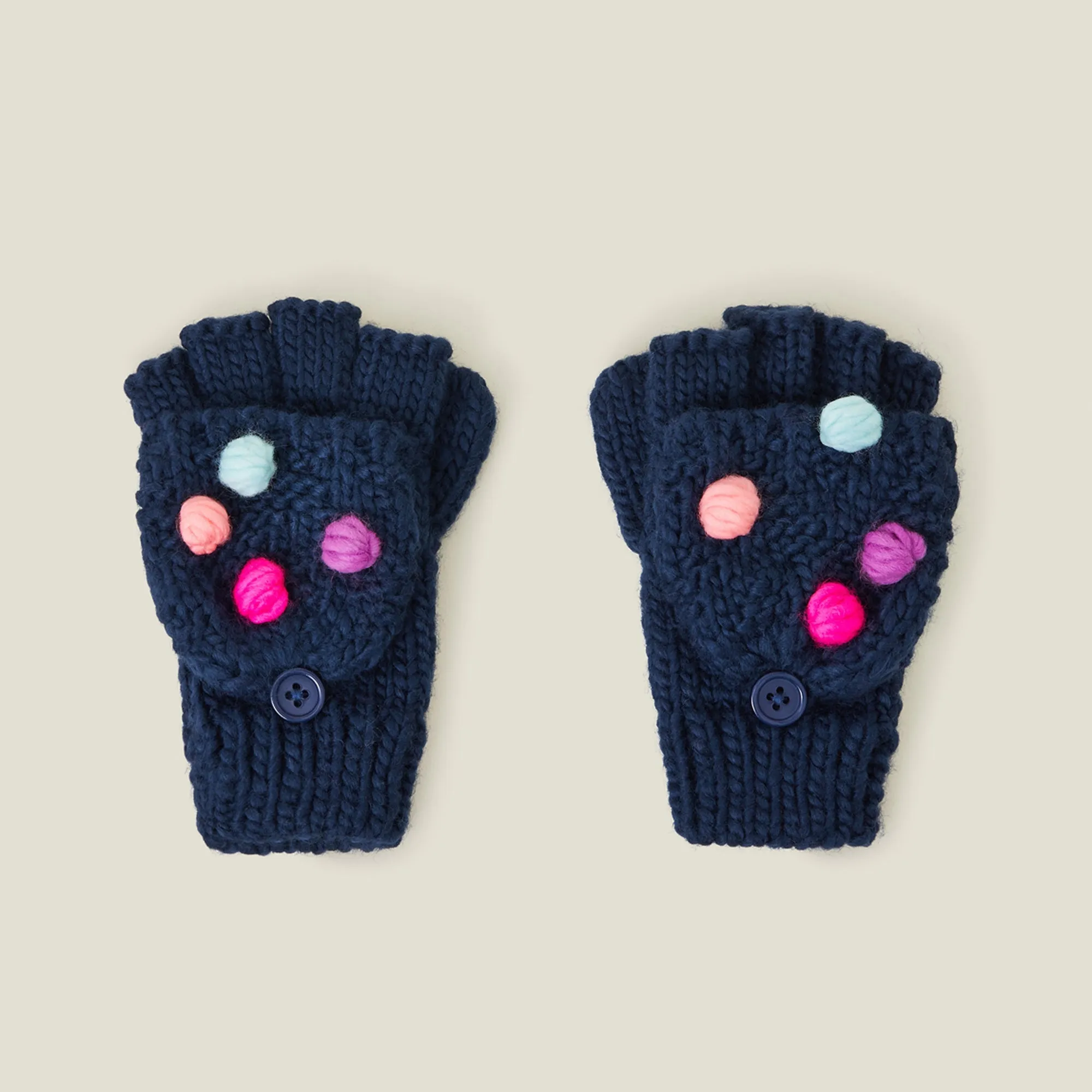 Pom Pom Fingerless Mitten Gloves Blue Set of 2 - 6-8 years