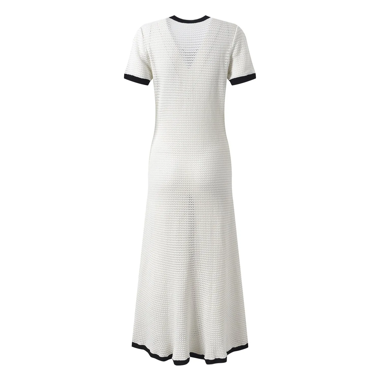 Pre Order: Hollowed Out Knitted Round Neck Short Sleeved Maxi Dress