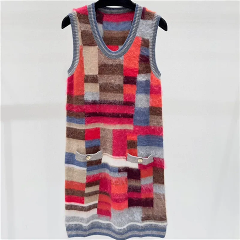 Pre Order: Plaid U-Neck Sleeveless Knit Dress