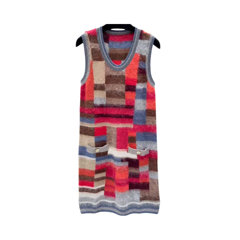 Pre Order: Plaid U-Neck Sleeveless Knit Dress