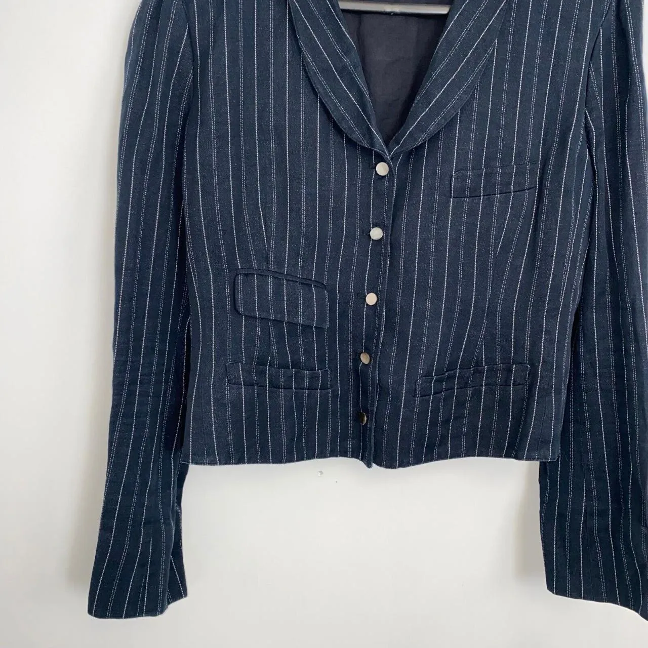 Preowned Ralph Lauren Cropped Blazer Jacket Pinstripe Womens Size 10 Navy Linen Blend