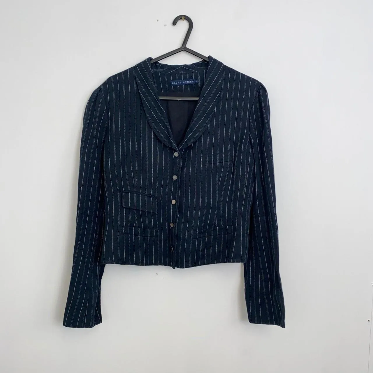 Preowned Ralph Lauren Cropped Blazer Jacket Pinstripe Womens Size 10 Navy Linen Blend