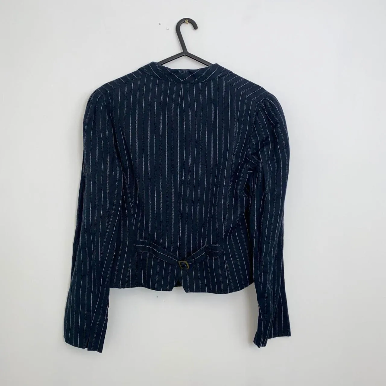 Preowned Ralph Lauren Cropped Blazer Jacket Pinstripe Womens Size 10 Navy Linen Blend