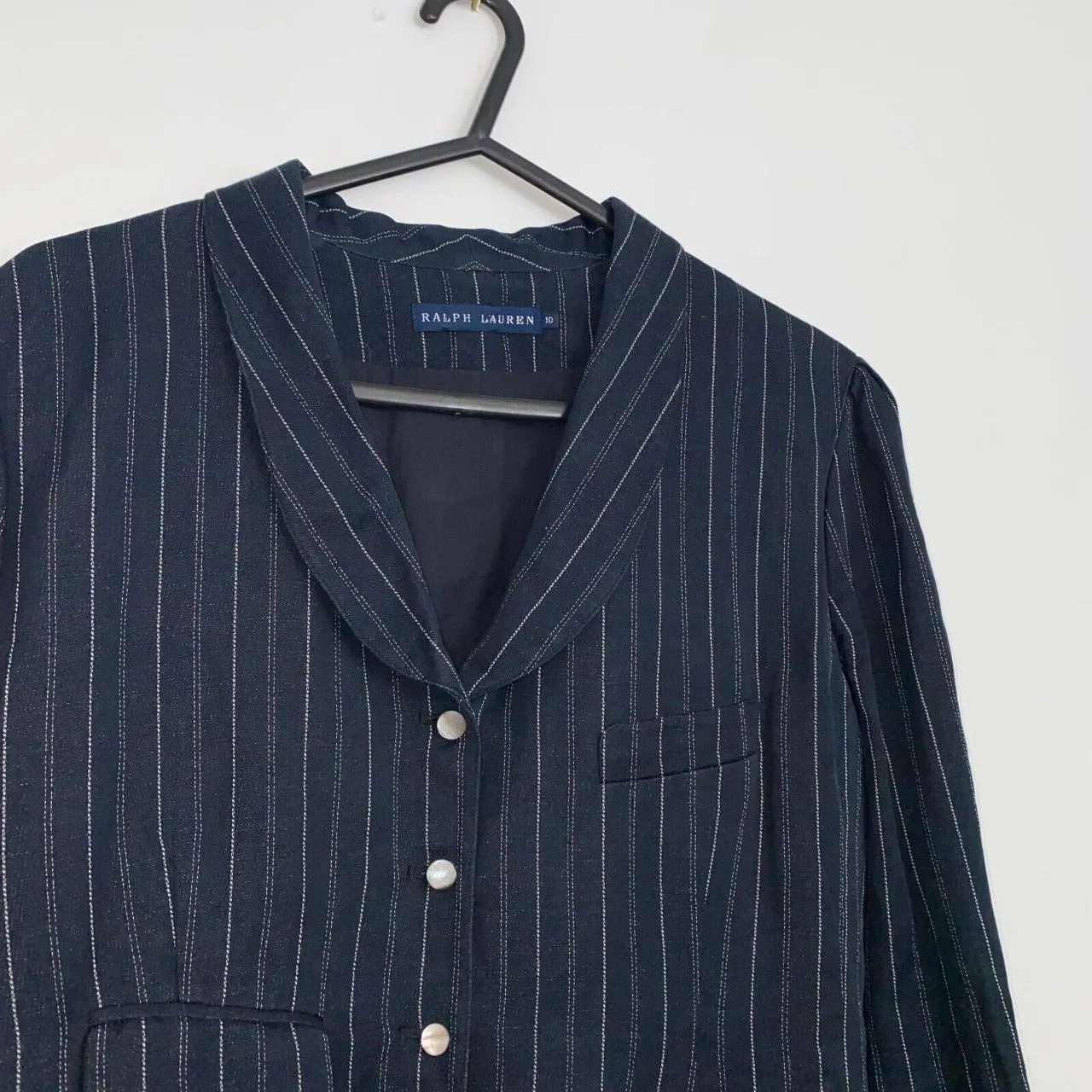 Preowned Ralph Lauren Cropped Blazer Jacket Pinstripe Womens Size 10 Navy Linen Blend