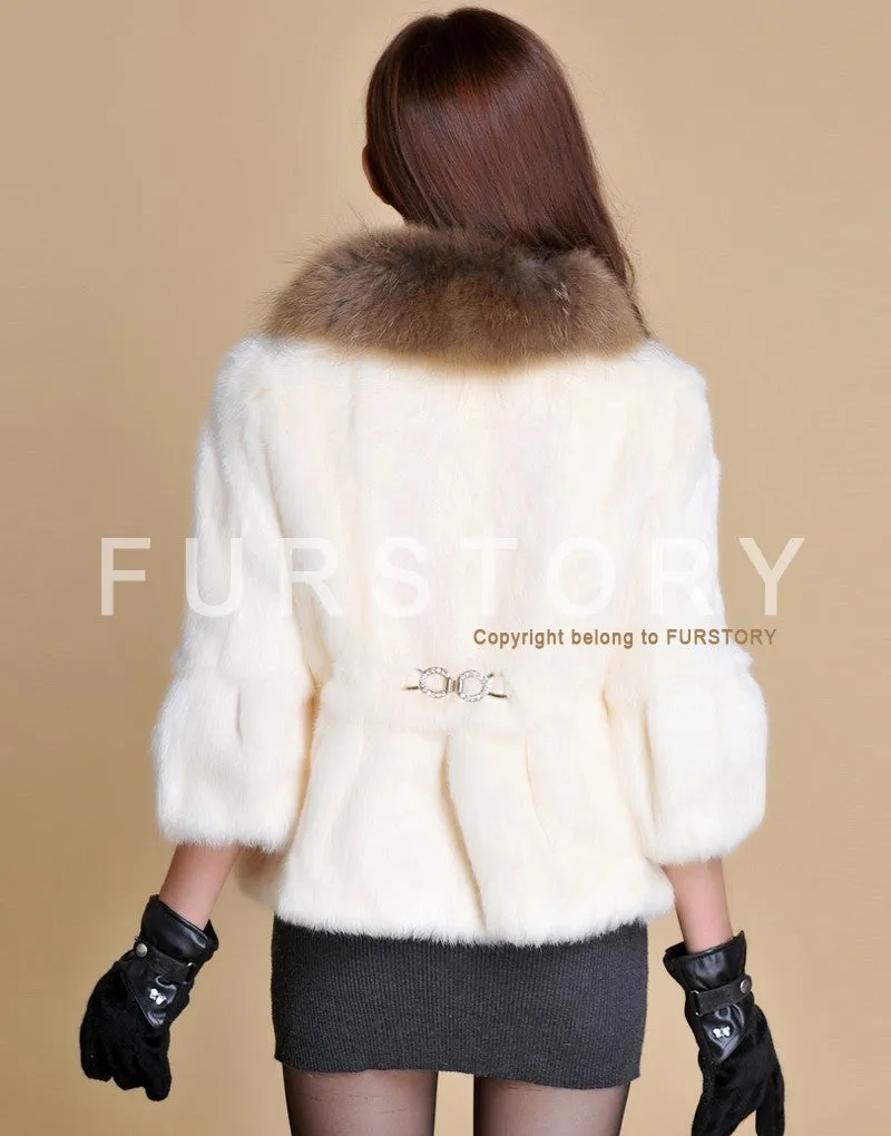 Real Rabbit Fur Coat Raccoondog Fur Collar with Hood Overcoat Jacket Waistcoat 7colors Short Version FS13073