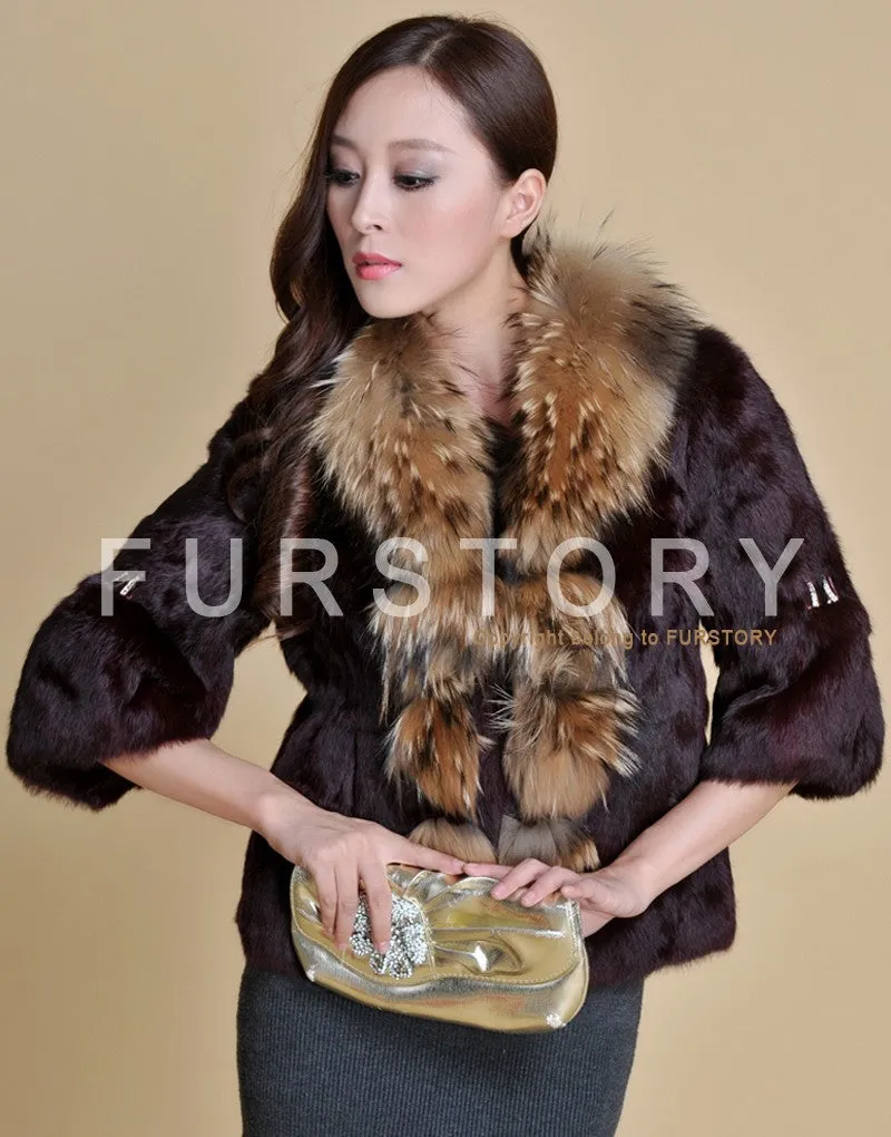 Real Rabbit Fur Coat Raccoondog Fur Collar with Hood Overcoat Jacket Waistcoat 7colors Short Version FS13073