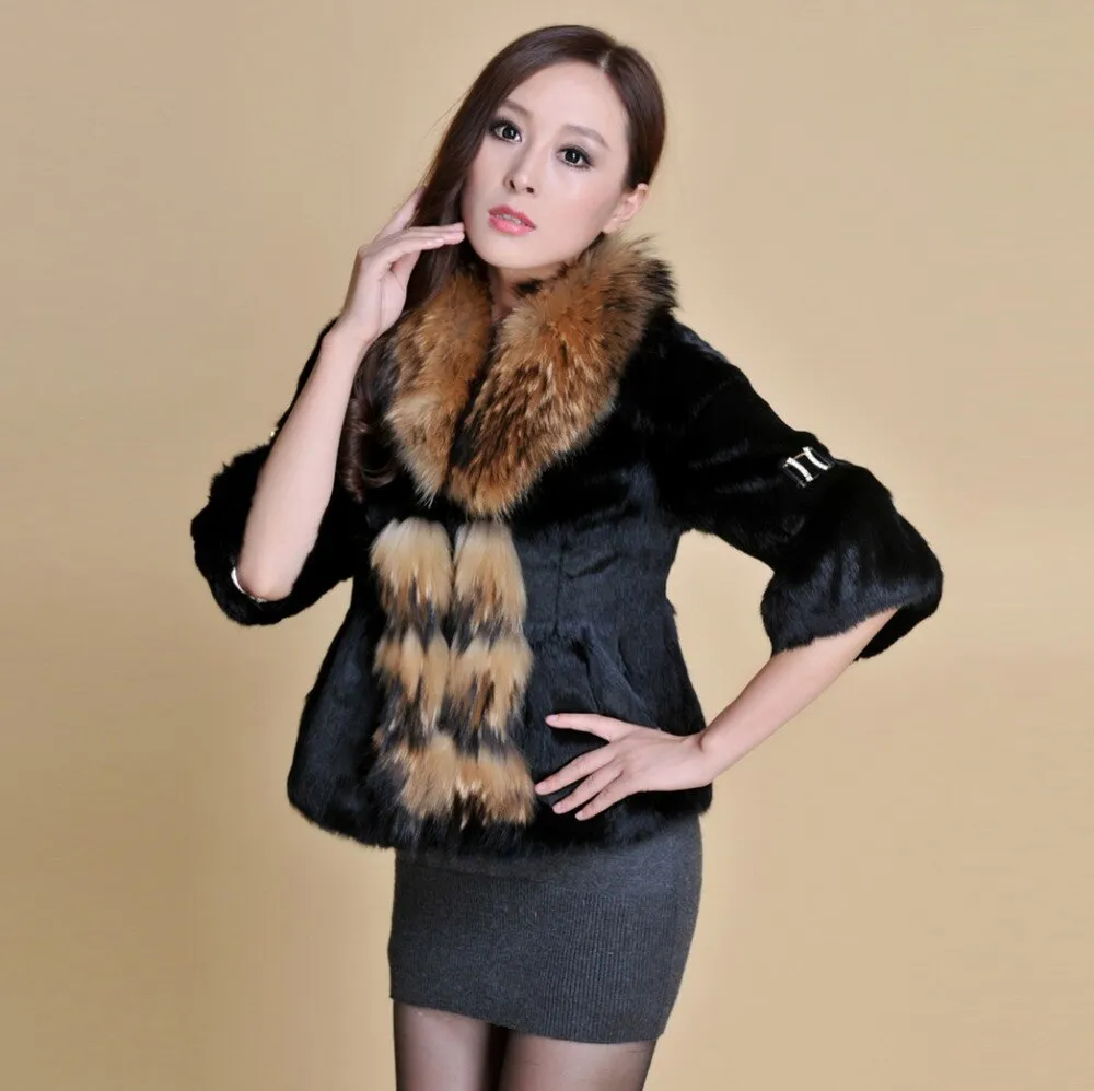 Real Rabbit Fur Coat Raccoondog Fur Collar with Hood Overcoat Jacket Waistcoat 7colors Short Version FS13073