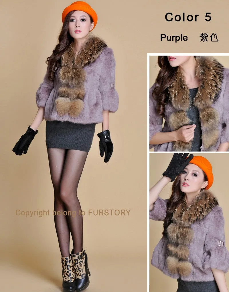 Real Rabbit Fur Coat Raccoondog Fur Collar with Hood Overcoat Jacket Waistcoat 7colors Short Version FS13073