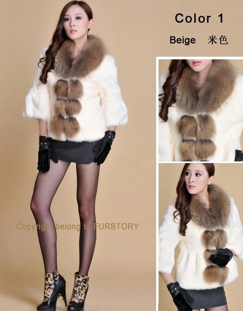 Real Rabbit Fur Coat Raccoondog Fur Collar with Hood Overcoat Jacket Waistcoat 7colors Short Version FS13073