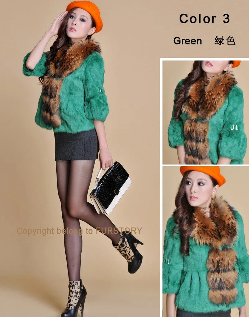 Real Rabbit Fur Coat Raccoondog Fur Collar with Hood Overcoat Jacket Waistcoat 7colors Short Version FS13073