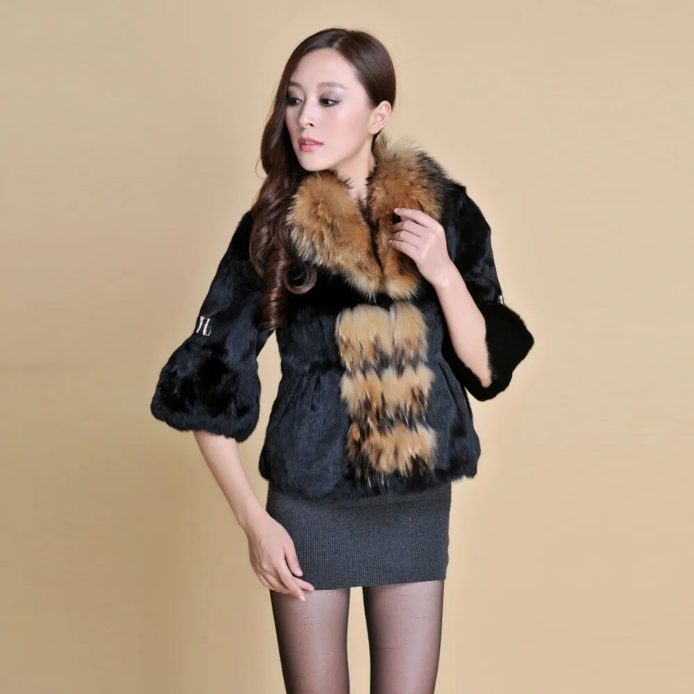 Real Rabbit Fur Coat Raccoondog Fur Collar with Hood Overcoat Jacket Waistcoat 7colors Short Version FS13073