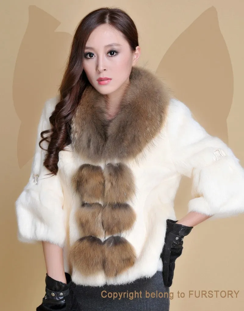 Real Rabbit Fur Coat Raccoondog Fur Collar with Hood Overcoat Jacket Waistcoat 7colors Short Version FS13073