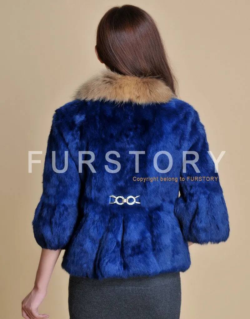 Real Rabbit Fur Coat Raccoondog Fur Collar with Hood Overcoat Jacket Waistcoat 7colors Short Version FS13073