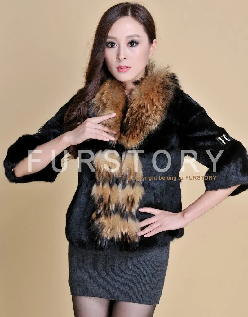 Real Rabbit Fur Coat Raccoondog Fur Collar with Hood Overcoat Jacket Waistcoat 7colors Short Version FS13073